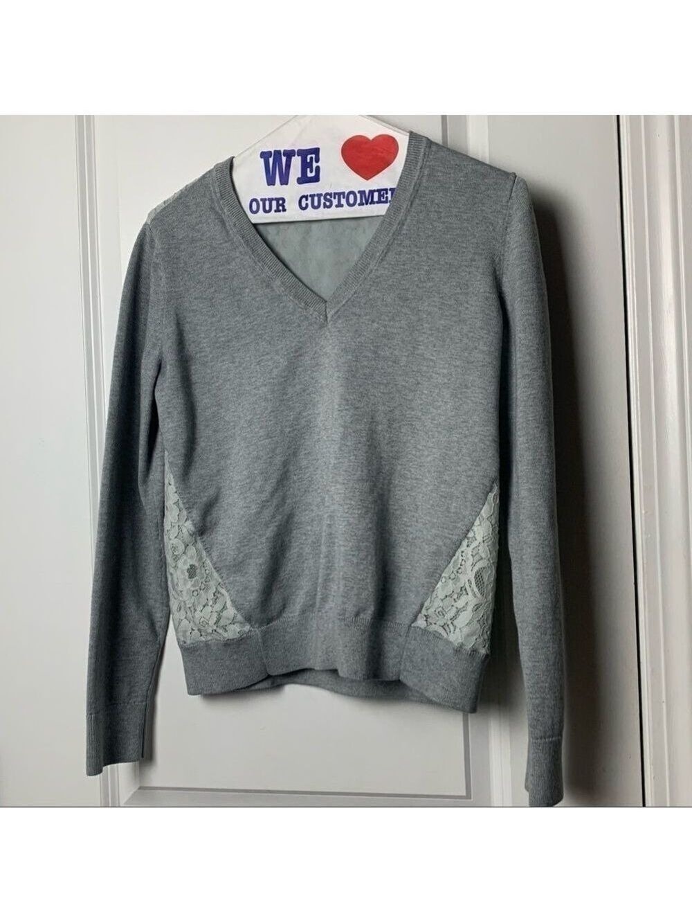 Banana Republic Small Grey V Neck Sweater with White Lace